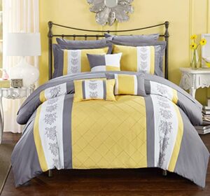 chic home clayton 8 comforter pintuck pieced block embroidery bed in a bag with sheet set, twin, yellow