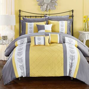 Chic Home Clayton 8 Comforter Pintuck Pieced Block Embroidery Bed in a Bag with Sheet Set, Twin, Yellow