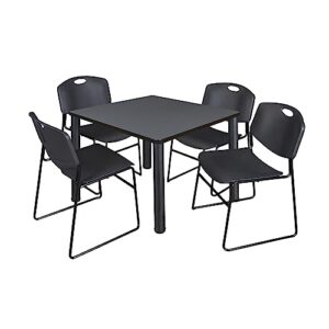 kee 42" square breakroom table- grey/ black & 4 zeng stack chairs- black