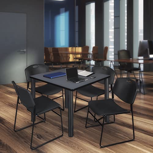 Kee 42" Square Breakroom Table- Grey/ Black & 4 Zeng Stack Chairs- Black