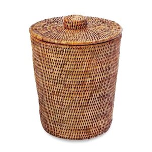 KOUBOO La Jolla Rattan Round Waste Basket With Lid & Plastic Insert, 2 Gallon Woven Wastebasket for Bathroom, Kitchen, Office, Living Room, & Home Decor, Honey Brown