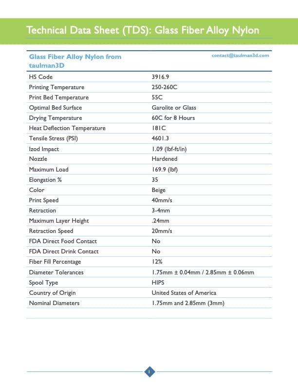 taulman3D Glass Fiber Alloy Nylon 1.75mm 3D Printer Filament Consumable, GF-Polyamide (PA) 450G Spool (1lb)