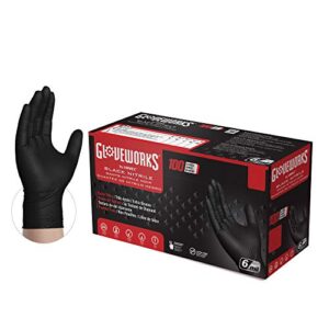 gloveworks hd black nitrile industrial disposable gloves, 6 mil, latex-free, raised diamond texture, large, box of 100