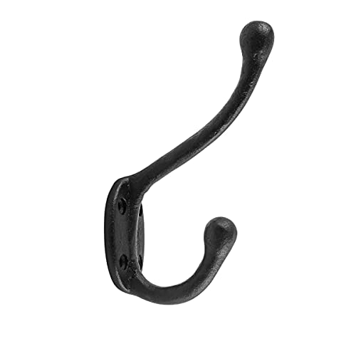 Renovators Supply Manufacturing Black Wrought Iron Robe and Coat Double Hooks 5 in. Long Rustic Entry Way Hat or Jacket Hanger Wall Mount Rust Resistant Bathroom Towel Hooks with Hardware Pack of 3