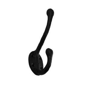 Renovators Supply Manufacturing Black Wrought Iron Robe and Coat Double Hooks 5 in. Long Rustic Entry Way Hat or Jacket Hanger Wall Mount Rust Resistant Bathroom Towel Hooks with Hardware Pack of 3