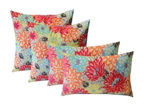 rsh decor indoor outdoor set of 4 (2-17"x17" square and 20"x12") lumbar decorative toss throw pillows - yellow, orange, blue, pink bright artistic floral