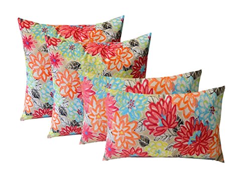 RSH Decor Indoor Outdoor Set of 4 (2-17"x17" Square and 20"x12") Lumbar Decorative Toss Throw Pillows - Yellow, Orange, Blue, Pink Bright Artistic Floral