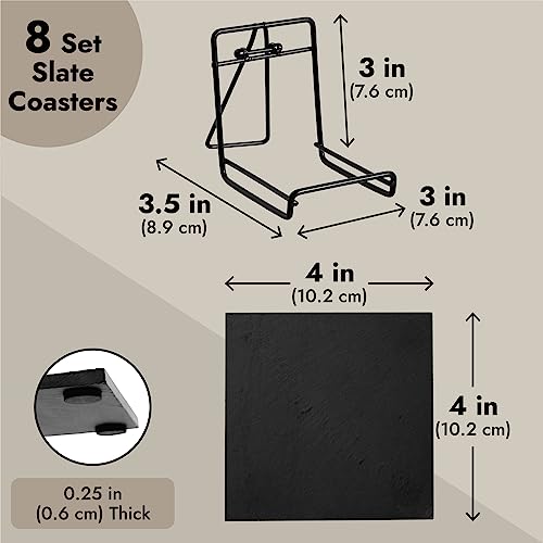 Set of 8 Square Black Slate Coasters with Holder for Coffee Table (4x4 in)