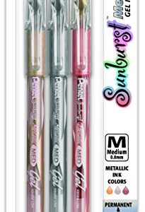 Pentel Sunburst Metallic Gel Pen, Medium Line, Permanent, Gold, Silver, Bronze Ink Pack of 3 (K908MRBP3M)