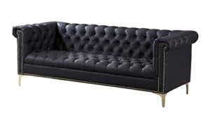 iconic home winston modern tufted gold nail head trim black pu leather sofa with gold tone metal y-legs