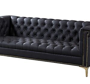 Iconic Home Winston Modern Tufted Gold Nail Head Trim Black PU Leather Sofa with Gold Tone Metal Y-Legs