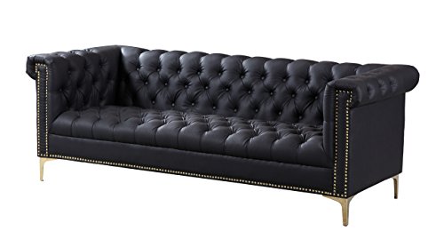 Iconic Home Winston Modern Tufted Gold Nail Head Trim Black PU Leather Sofa with Gold Tone Metal Y-Legs