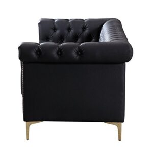 Iconic Home Winston Modern Tufted Gold Nail Head Trim Black PU Leather Sofa with Gold Tone Metal Y-Legs