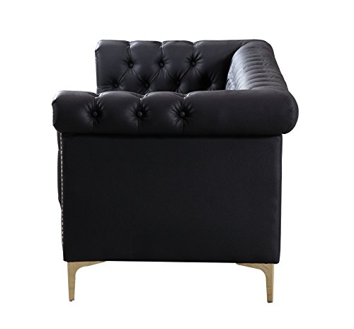 Iconic Home Winston Modern Tufted Gold Nail Head Trim Black PU Leather Sofa with Gold Tone Metal Y-Legs