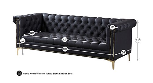 Iconic Home Winston Modern Tufted Gold Nail Head Trim Black PU Leather Sofa with Gold Tone Metal Y-Legs