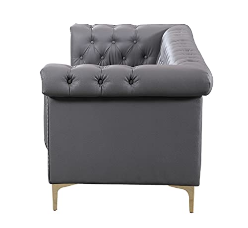 Iconic Home Winston Nail Head Tone Legs PU Leather Modern Contemporary Button Tufted with Gold Nailhead Trim Goldtone Metal Y-Shaped Feet Sofa, Grey