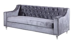 iconic home dylan velvet modern contemporary button tufted with silver nailhead trim round acrylic feet sofa, grey