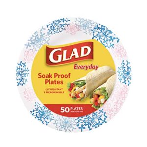 glad round disposable paper plates for all occasions | soak/ cut proof, microwaveable heavy duty disposable 8.5" diameter, 50 count bulk plates, pink hydrangea