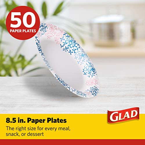 Glad Round Disposable Paper Plates for All Occasions | Soak/ Cut Proof, Microwaveable Heavy Duty Disposable 8.5" Diameter, 50 Count Bulk Plates, Pink Hydrangea