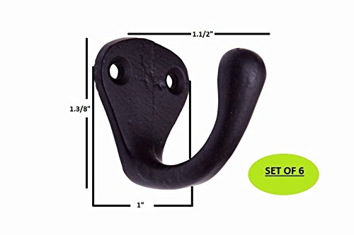 A29 Set of 6 Single Coat Hooks, Heavy Duty Wall Mounted 1 3/4 Inches, Utility Iron Decorative Hat Hook with Easy Installation Hardware, Black Powder Coat Finish