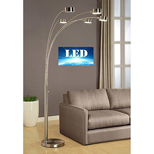 Artiva USA Micah Plus Modern LED 5-Arched Satin Nickel Floor Lamp with Dimmer 88", Brushed Steel