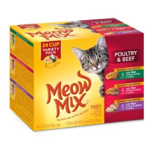 meow mix tender favorites poultry and beef variety pack wet cat food, 24 count