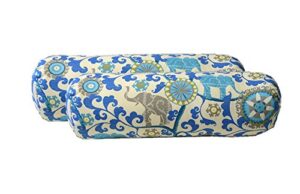 set of 2 indoor / outdoor decorative bolster / neckroll pillows - sapphire blue, turquoise, green, gray bohemian elephant menagerie sapphire