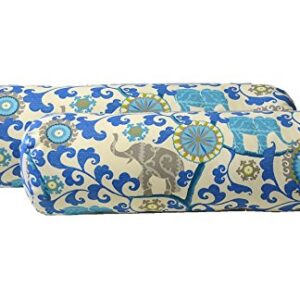 Set of 2 Indoor / Outdoor Decorative Bolster / Neckroll Pillows - Sapphire Blue, Turquoise, Green, Gray Bohemian Elephant Menagerie Sapphire