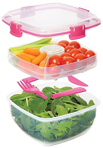 Sistema To Go Collection Salad to Go Food Storage Container (2 Pack), 37 oz, Clear with Assorted Color Accents