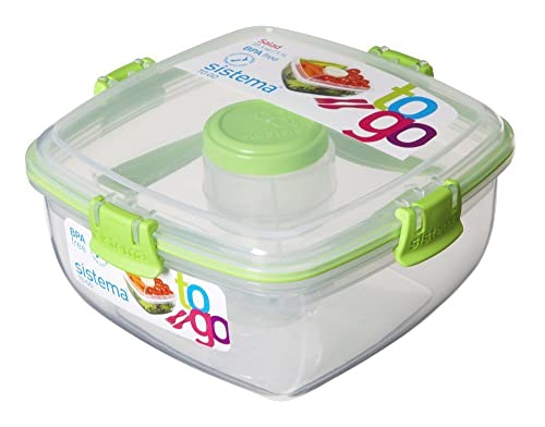 Sistema To Go Collection Salad to Go Food Storage Container (2 Pack), 37 oz, Clear with Assorted Color Accents