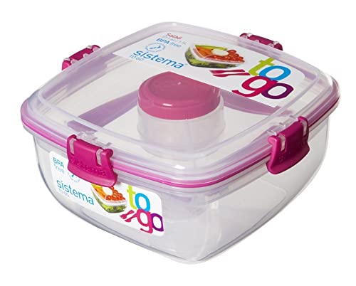 Sistema To Go Collection Salad to Go Food Storage Container (2 Pack), 37 oz, Clear with Assorted Color Accents
