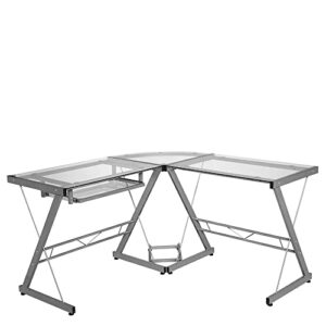 onespace ultramodern glass l-shape desk, silver and clear