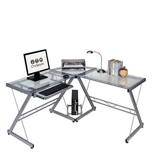 OneSpace Ultramodern Glass L-Shape Desk, Silver and Clear