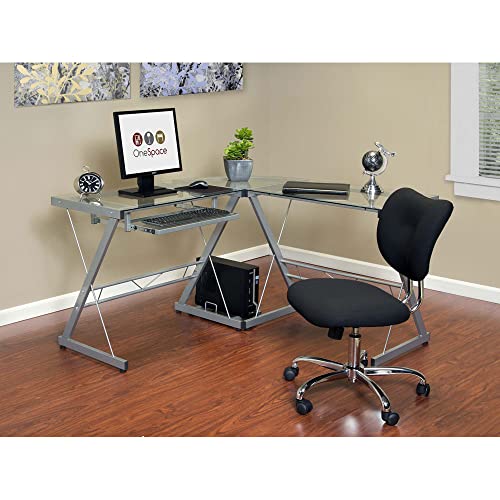 OneSpace Ultramodern Glass L-Shape Desk, Silver and Clear