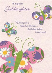 designer greetings three colorful butterflies on glitter background: goddaughter birthday card