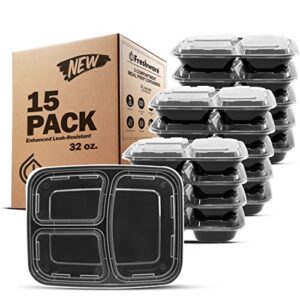 freshware meal prep containers [15 pack] 3 compartment with lids, food containers, lunch box, stackable, bento box, microwave/dishwasher safe (32 oz)