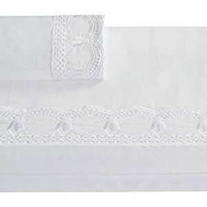 Merryfeel Cotton Bed Sheet Set,100% Cotton Sateen 300 Thread Count Embroidered Lace Sheet Set,Deep Pocket,4 Pieces,5-Star Hotel Collection- Queen White