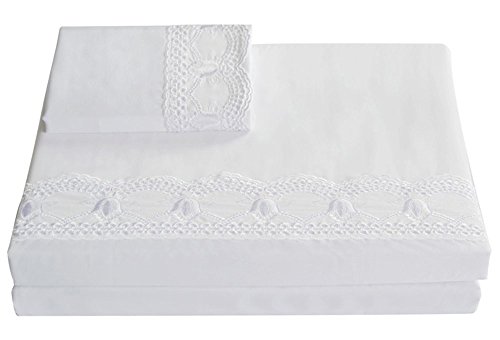 Merryfeel Cotton Bed Sheet Set,100% Cotton Sateen 300 Thread Count Embroidered Lace Sheet Set,Deep Pocket,4 Pieces,5-Star Hotel Collection- Queen White