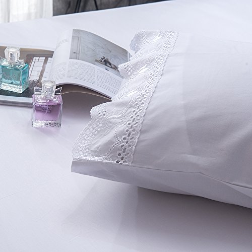 Merryfeel Cotton Bed Sheet Set,100% Cotton Sateen 300 Thread Count Embroidered Lace Sheet Set,Deep Pocket,4 Pieces,5-Star Hotel Collection- Queen White
