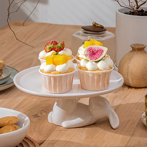 LA JOLIE MUSE Cupcake Stand, Easter Decorations, Ceramic Dessert Plates for Eggs and Cookies, Bunny Candy Dish Gifts, 8.3 Inch White