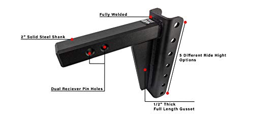 Bulletproof Hitches 2.0" Adjustable Heavy Duty (22,000lb Rating) 8" Drop/Rise Trailer Hitch with 2" and 2 5/16" Dual Ball (Black Textured Powder Coat, Solid Steel)