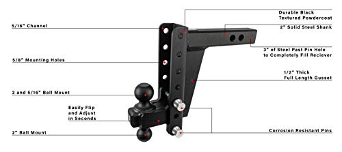 Bulletproof Hitches 2.0" Adjustable Heavy Duty (22,000lb Rating) 8" Drop/Rise Trailer Hitch with 2" and 2 5/16" Dual Ball (Black Textured Powder Coat, Solid Steel)