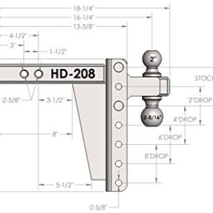 Bulletproof Hitches 2.0" Adjustable Heavy Duty (22,000lb Rating) 8" Drop/Rise Trailer Hitch with 2" and 2 5/16" Dual Ball (Black Textured Powder Coat, Solid Steel)