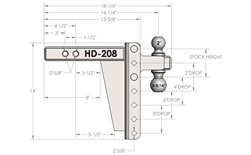 Bulletproof Hitches 2.0" Adjustable Heavy Duty (22,000lb Rating) 8" Drop/Rise Trailer Hitch with 2" and 2 5/16" Dual Ball (Black Textured Powder Coat, Solid Steel)