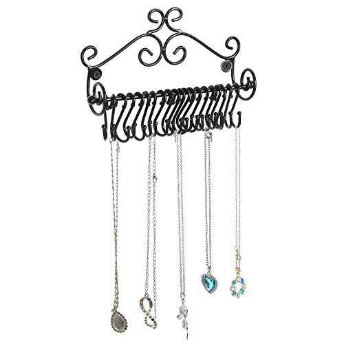 MyGift Jewelry Organizer - Wall Mounted Black Metal Scrollwork Design Necklace Holder Jewelry Display Storage Rack with 20 Hanging S-Hooks