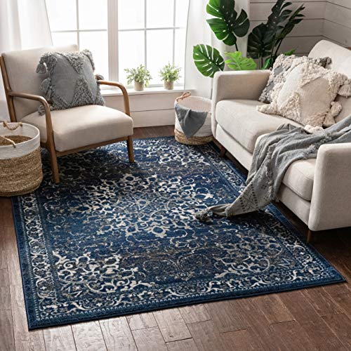 Well Woven Coverly Blue & Beige Vintage Medallion Traditional Persian Oriental Area Rug 5 x 7 (5'3" x 7'3") Neutral Modern Shabby Chic Thick Soft Plush Shed Free