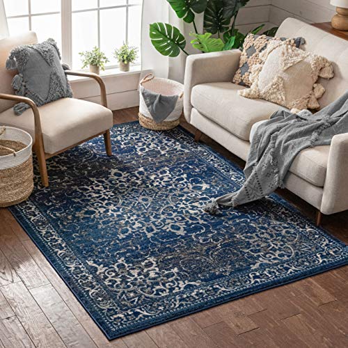 Well Woven Coverly Blue & Beige Vintage Medallion Traditional Persian Oriental Area Rug 5 x 7 (5'3" x 7'3") Neutral Modern Shabby Chic Thick Soft Plush Shed Free