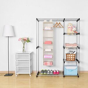 MaidMAX 6 Shelf Hanging Closet Organizer Storage Collapsible Hanging Closet Shelves Hanging Organizer for Closet with 2 Widen Straps, Foldable, Beige, 51.5 Inches High