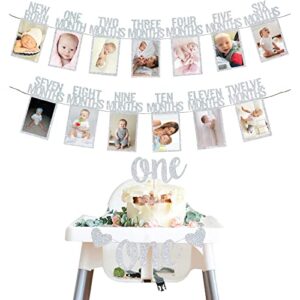 silver 1st birthday baby photo banner for newborn to 12 months and alphabet one bunting, alphabet one cake topper for baby show first birthday party decoration
