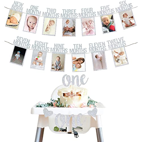 Silver 1st Birthday Baby Photo Banner for Newborn to 12 Months And Alphabet ONE Bunting, Alphabet ONE Cake Topper for Baby Show First Birthday Party Decoration